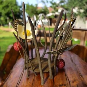 Vtg Candleholder Metal Woodlands Votive Bourgeois Sticks Flower Leaves Berries